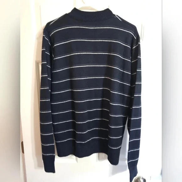 Line 48 Mens Large Navy Blue White Stripe 1/4 Zip Mock Neck Sweater Preppy VTG - Picture 3 of 8